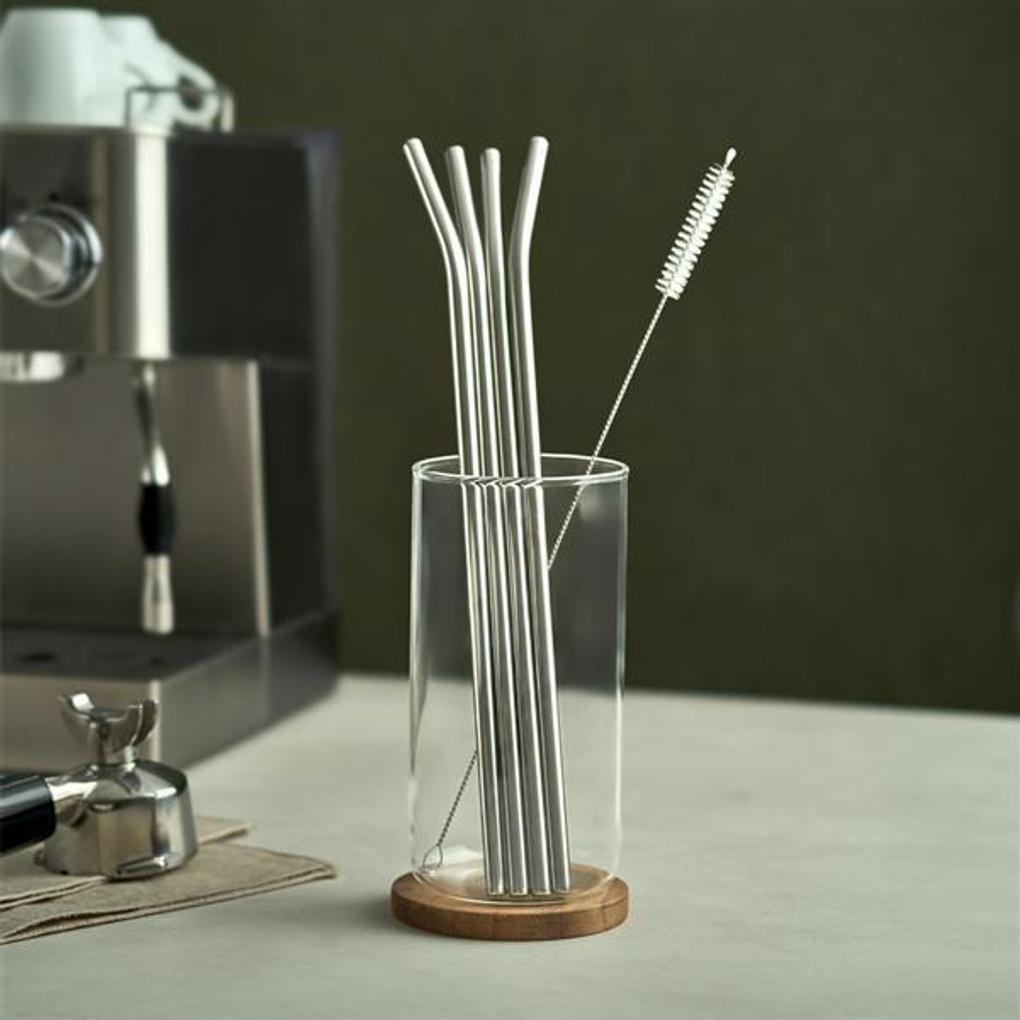 Estebanhof Stainless Steel Straw Cleaning Brush Set 30cm Curved 4P + Cleaning Brush 1P