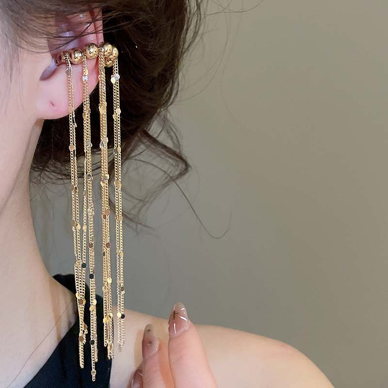 Personality Long Tassel Clip Earrings for Women Fashion Geometric Circular Bead Ear Cuff Chain Fake Piercing Earring Jewelry