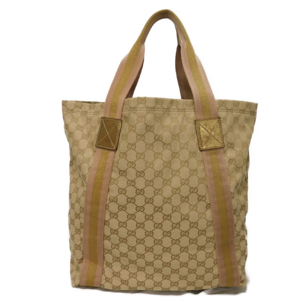 Used GG Canvas Tote Bag, Size 9539, 189669, 7924, A4 Cotton Calfskin, Light Pink Gold Logo Embossed, Beige, Women's