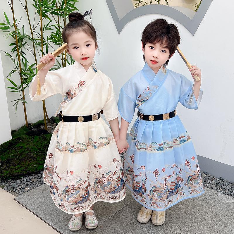 2024 Children's Day Caiyun Zhuiyue Hanfu: Short Sleeve Ancient Style Dress for Boys and Girls