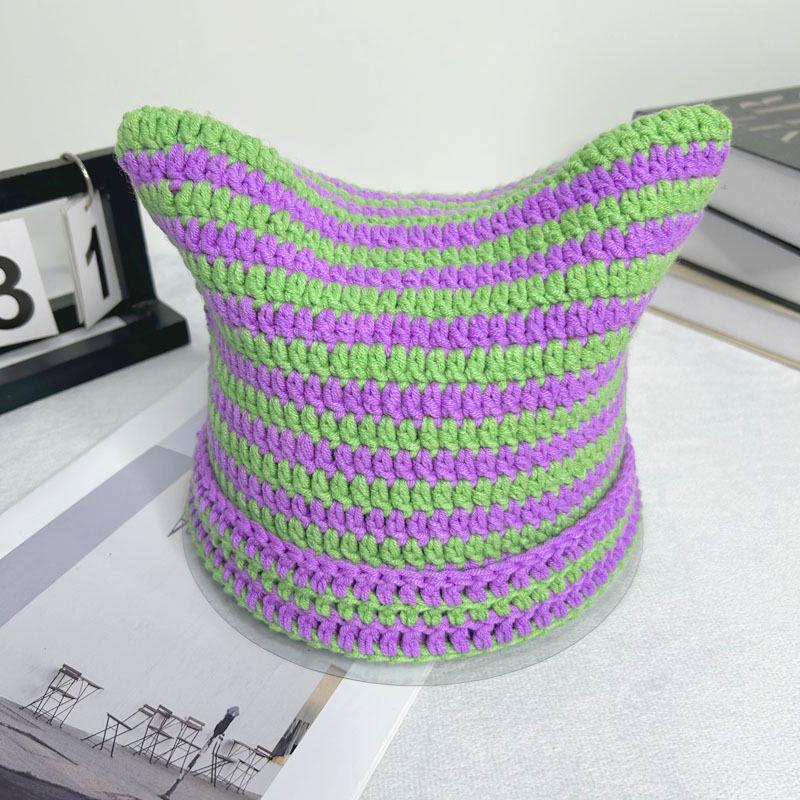 Autumn-Winter Striped Woolen Hat with Cute Cat Ears - Fashionable, Versatile Devil Design.