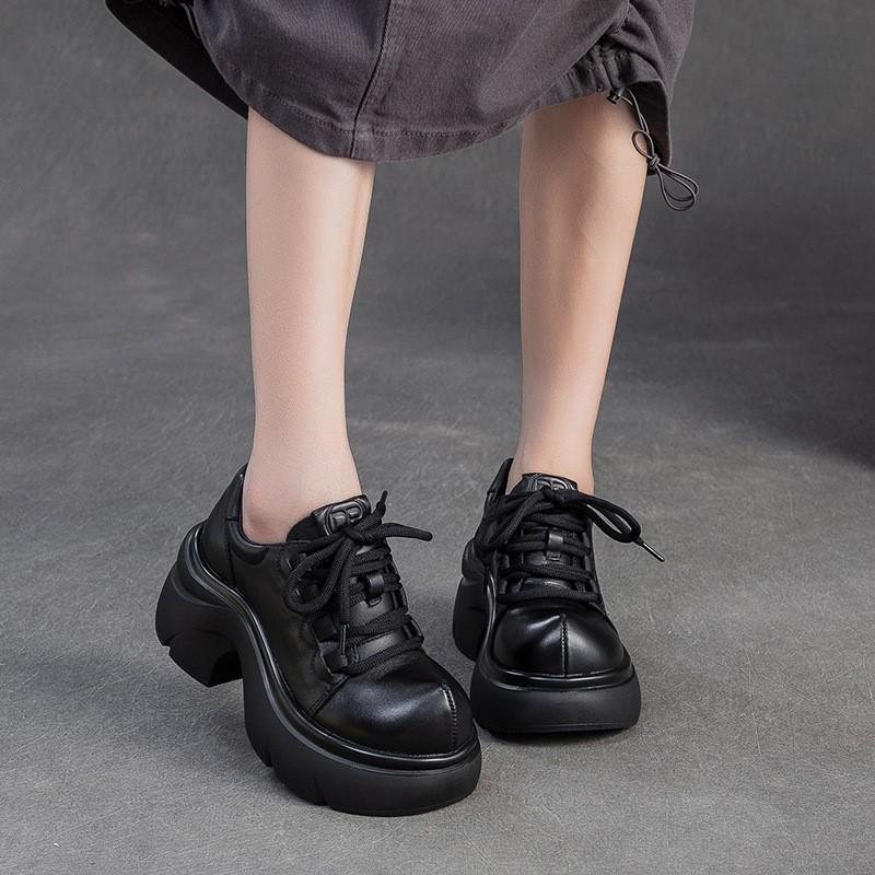 Johnature Genuine Leather Thick Soled High Heel Pumps Versatile Retro Round Toe Lace-up Women's Platform Shoes