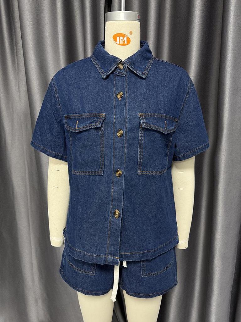 2025 Retro Lässiges Denim Kurzarmhemd & Shorts Set - Damen Frühling/Sommer
