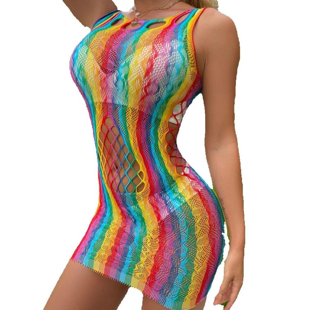Sexy Rainbow Color Net Clothing Wholesale Dress Bodystocking Ploe Dancewear Lingerie