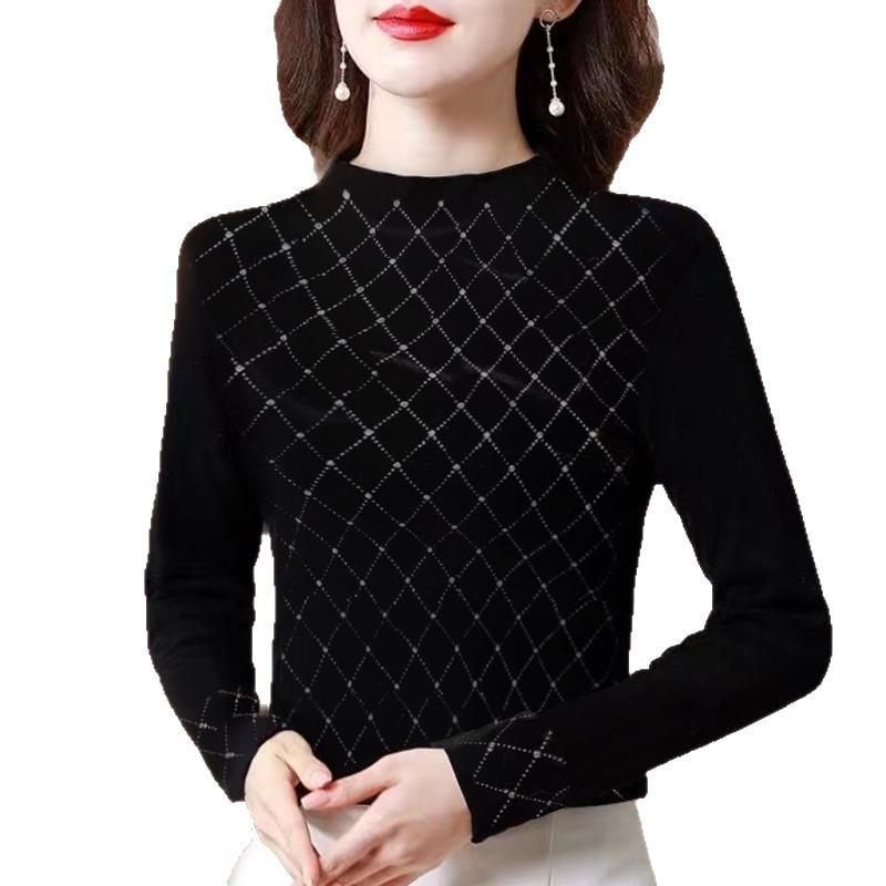 2025 Women's Slimming Top: Spring/Autumn, Half-High Neck, Heavy Industry Hot Drilling, Advanced Fashion, Age-Reducing