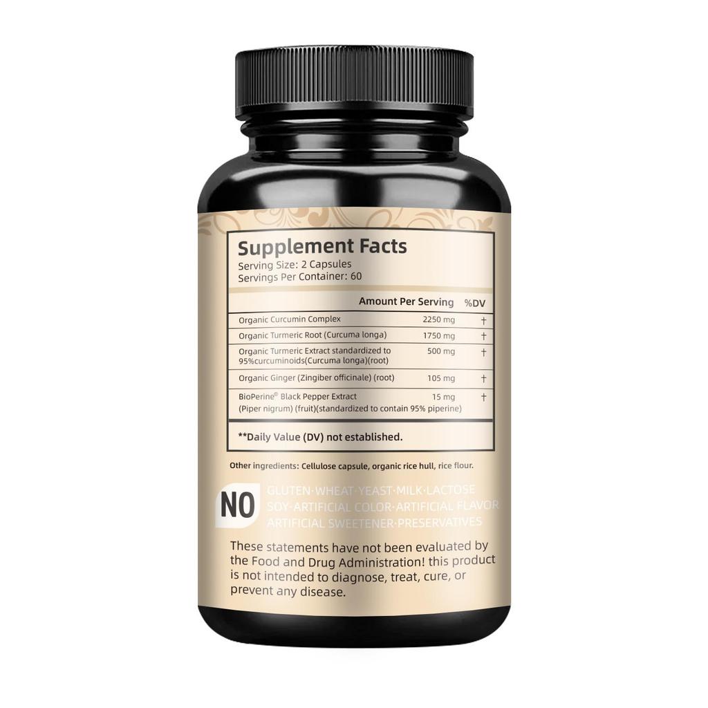 Potent turmeric capsules, containing curcumin and black pepper extract, for joint health, suitable for both men and women.