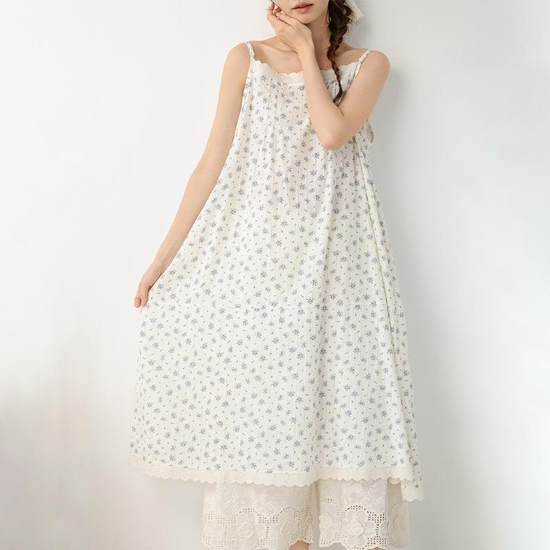 Spring/Summer 2026 Floral Print Spaghetti Strap Midi Dress - Sweet Mori Style with Lace Patchwork