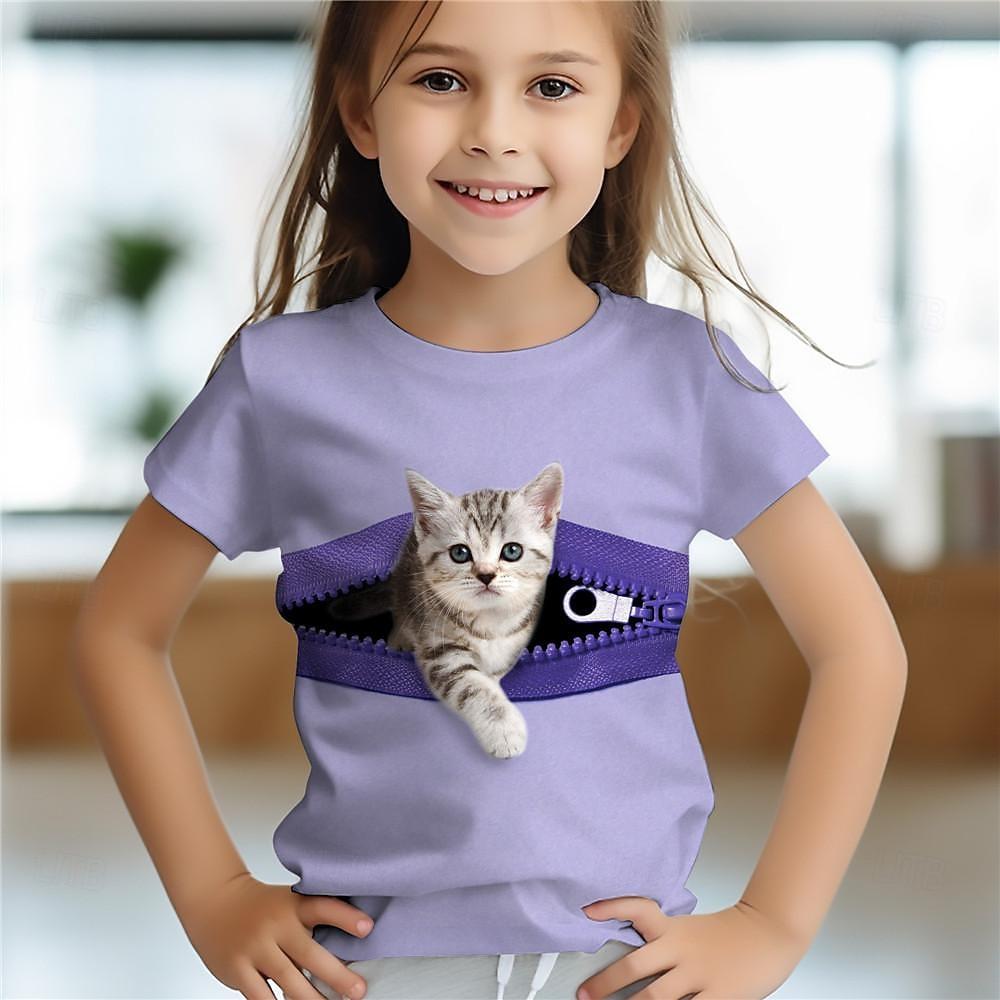 Children's Clothing 3d Printed Fun Cute Animal Cat Baby Girl T-Shirt Summer Casual Short Sleeve Cool Girls' T-Shirt
