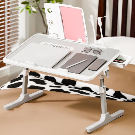 Laptop Lap Desk, Laptop Bed Tray Table, Adjustable Lap Desk with Light Fan, Folding Laptop Desk for Bed with USB, Bed Desk with Storage Drawer