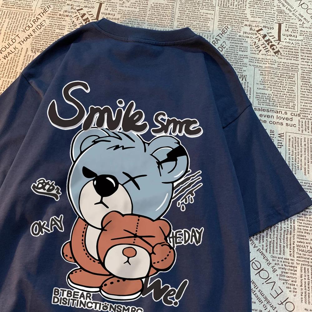 Teddy Bear With Hood Off T Shirt Men Women Hip Hop Streetwear Couple Printing Tops O-Neck Tee Clothes Cotton Oversized Tee