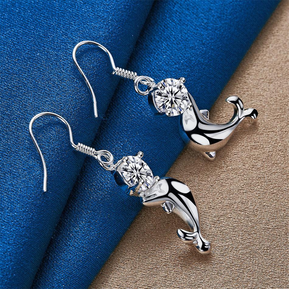 1 Pair of 925 Sterling Silver Cute Dolphin Zircon Pendant Earrings for Women's Wedding Accessories, Fashionable Jewelry Gifts