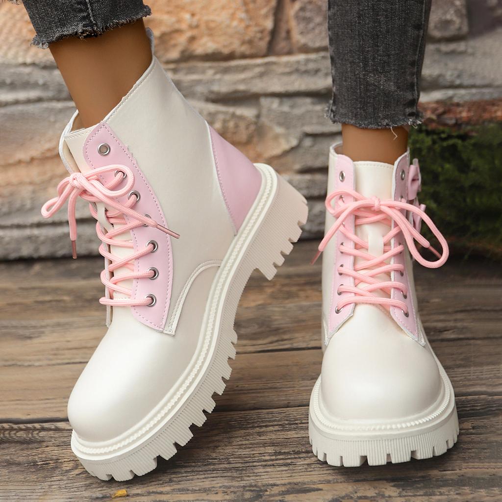 Mode Süße Rosa Schleife Mix Farbe Stiefeletten Damen 2025 Herbst Dicke Sohle Schnürstiefel Candy Punk Metall Dekoration Stiefeletten Größe 42
