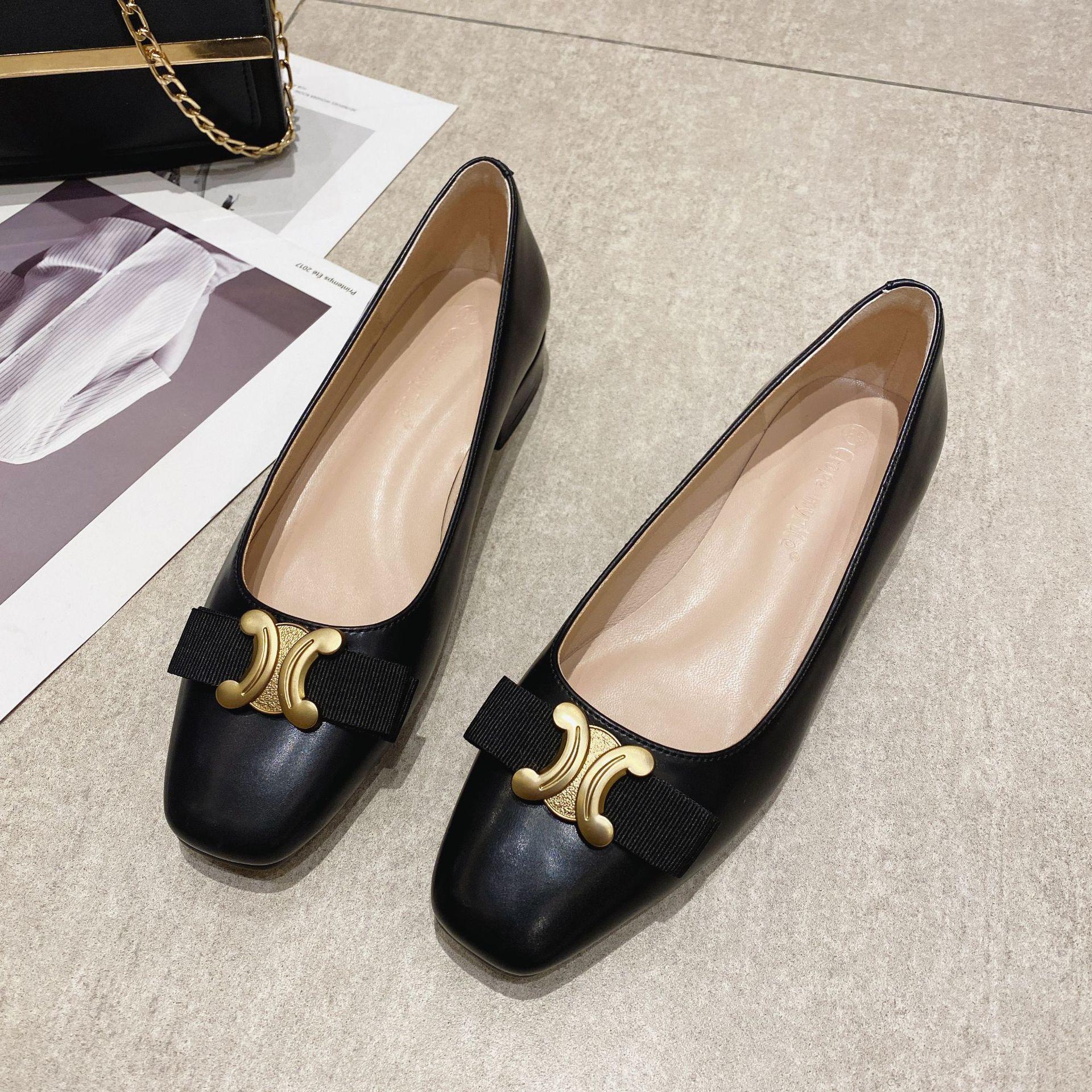 

Arc de Triomphe Metal Buckle Square Head Shoes Bow Flat Bottom Low Heel Women s Shoes Single Shoes Women s Fashion New Fashion Versatile 34