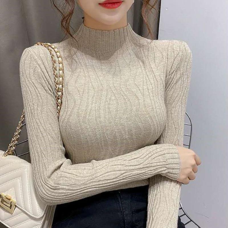 

Осенне-зимняя женская рубашка-основа с полувысоким воротом, облегающий топ-пуловер, женская плиссированная трикотажная рубашка 2XL хаки