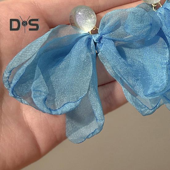Women Mesh Petal Drop Earrings Handmade Large Chiffon Floral Dangle Earrings Vintage Stud Earrings for Vacation Wedding