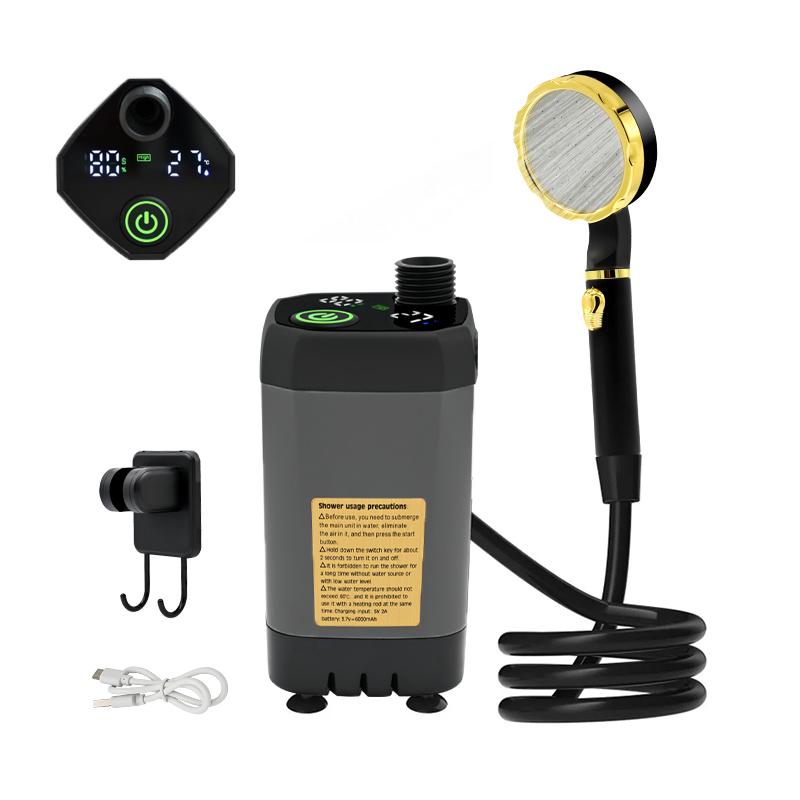 6000mAh Camping Shower Pump w/Full Screen Intelligent Digital Display for Outdoor Hiking Travel Beach Pet Watering