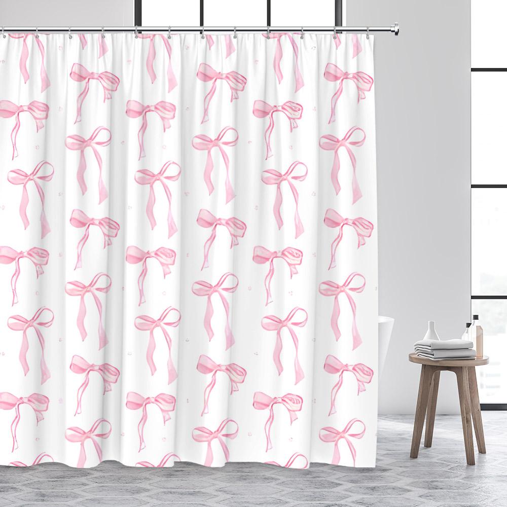 Fashion Bowknot Shower Curtains Red Pink Bow-Tie Heart Pattern Girl Gift Modern Bathroom Decorative Bath Curtain Set With Hooks