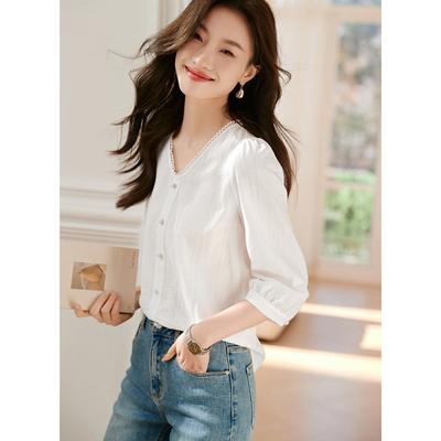 Cotton Jacquard Seven-quarter-sleeved Women's Shirt Spring New Casual Simple Versatile Fashion Shirt