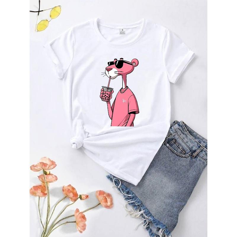 Rozmiar Europejski Uroczy Damski Różowy Panterka/Poliester/Tkanina Średnio Rozciągliwa/Sportowa Odzież Drukowana na Cały Sezon/Damska Casualowa z Okrągłym Dekoltem z Nadrukiem Graficznym