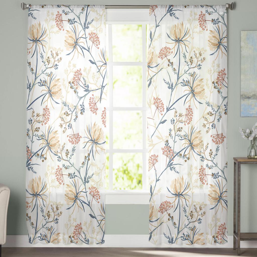 Snow Lotus Branches Leaves Flower Plant Sheer Curtains for Living Room Tulle for Windows Voile Yarn Short Bedroom Curtains