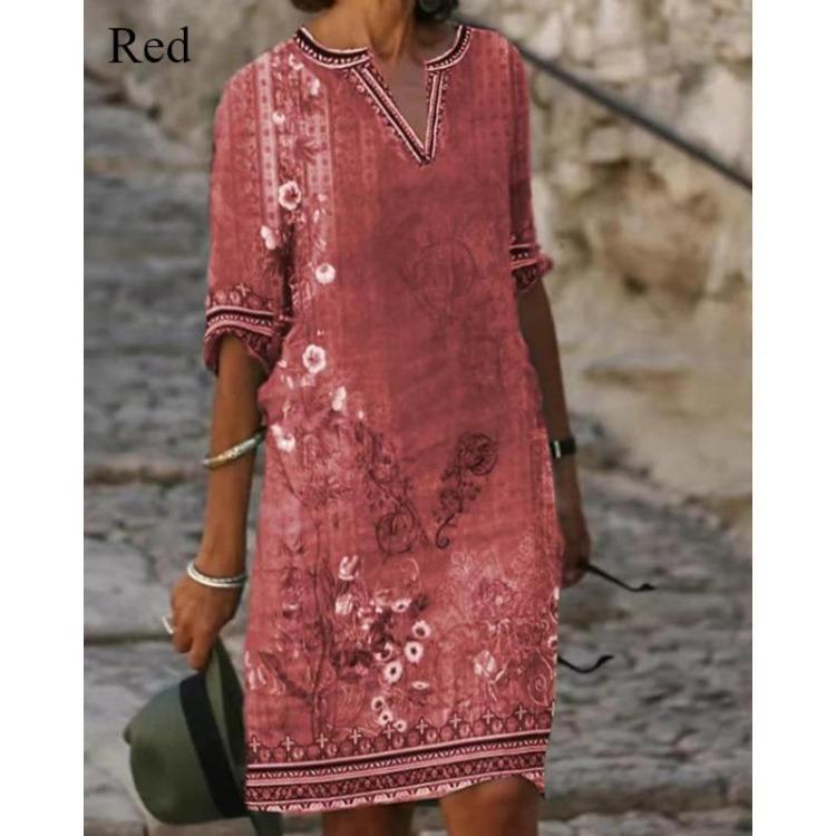 Women's Casual Summer Vintage Print V-neck A-line Beach Slim MIDI Loose Artsy Temperament Five-sleeve Top Dress Skirt