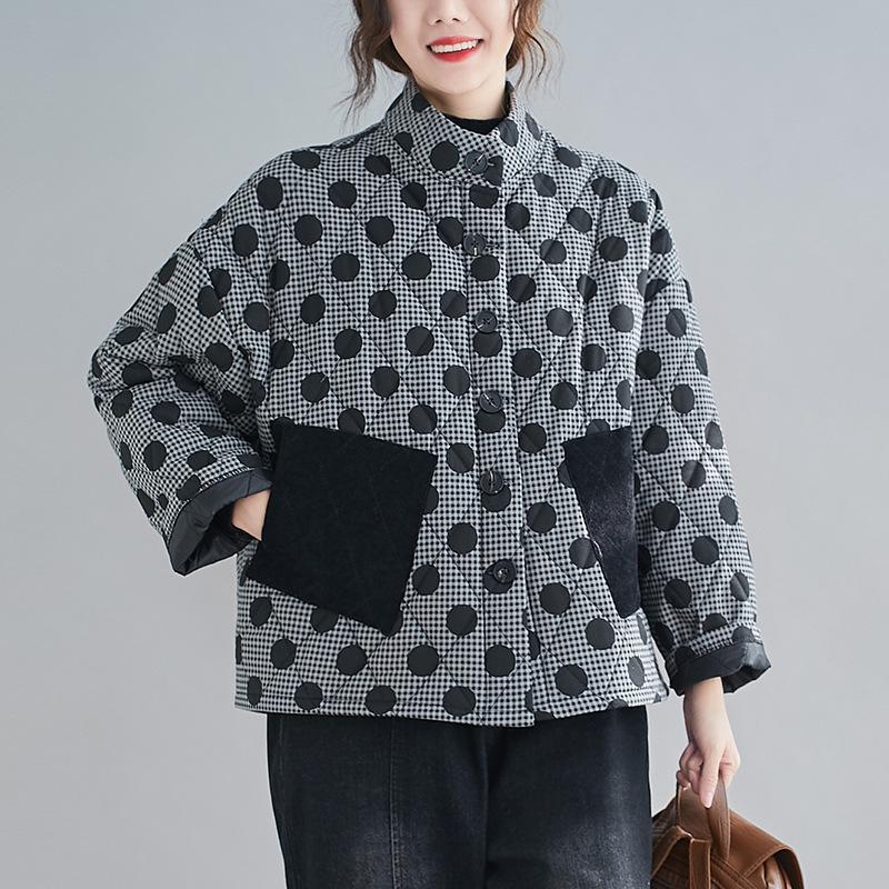 2024 Plus Size Women's Retro Argyle Short Quilted Cotton Jacket with Polka Dots