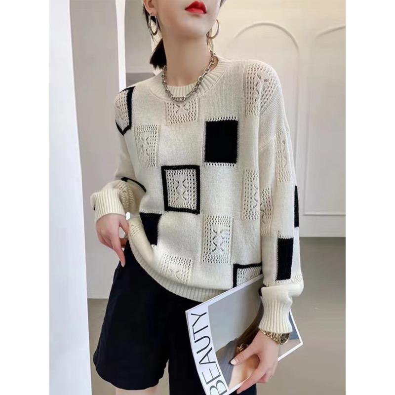 Color Blocked Checkered Knitted Sweater Top for Women Thin Retro Round Neck Mohair Sweater