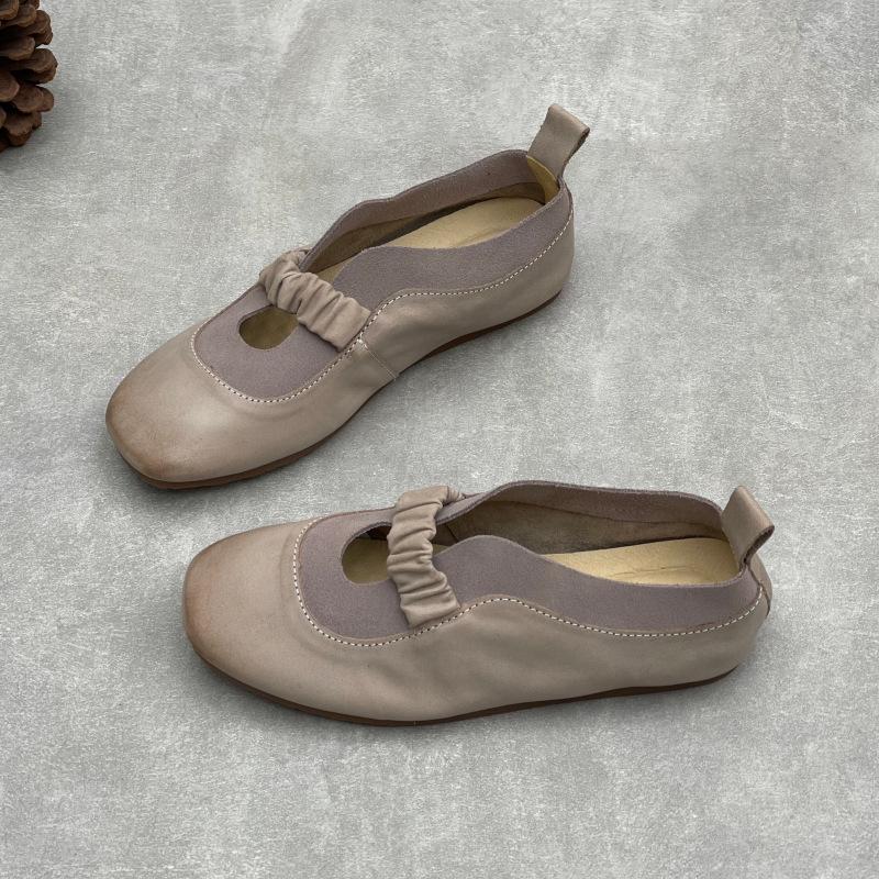 Johnature Handmade Genuine Leather Soft Soled Flats Round Toe Soft Cowhide Women's Slip-on Shoes