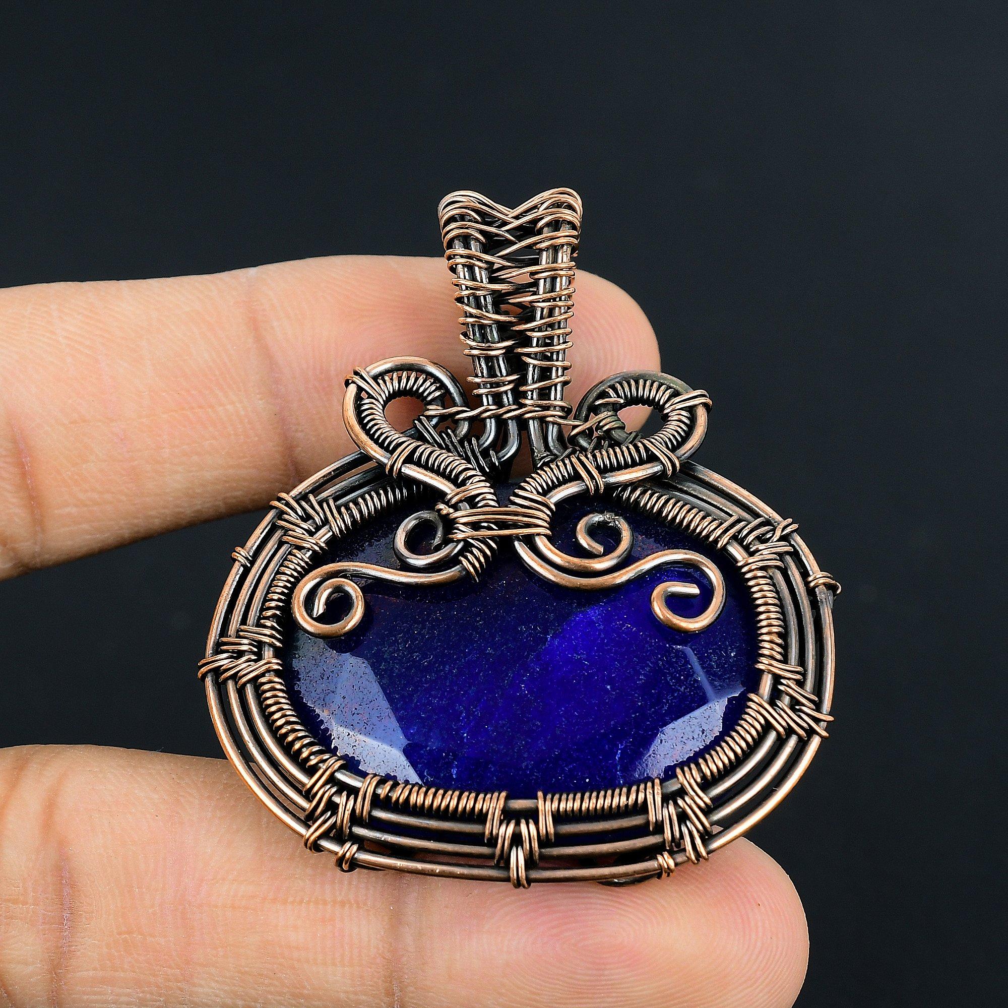 

Кулон с синим сапфиром, Кулон с драгоценным камнем ручной работы, Кулон, обернутый медной проволокой 999 пробы, Антикварное украшение, Для подарка на помолвку 2.55 Inches