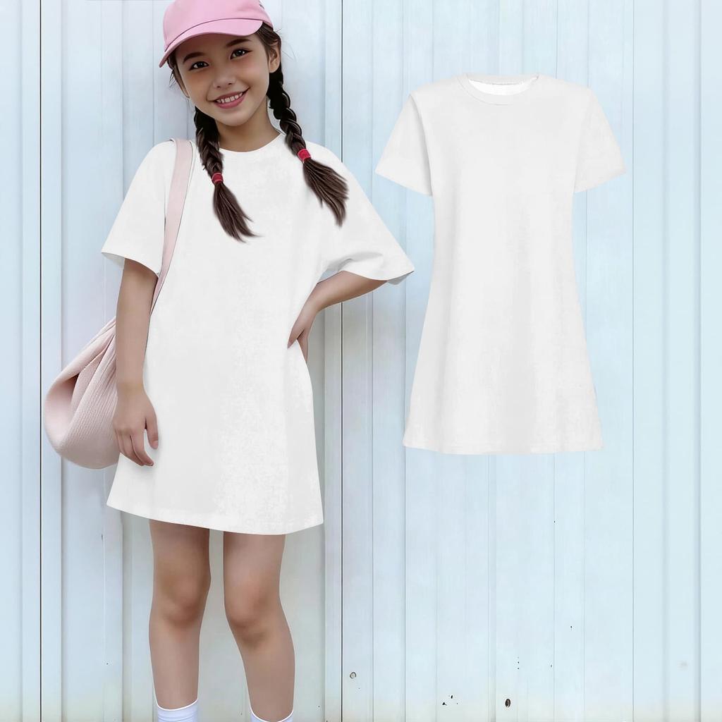 Girls Casual Sundress Kids Loose Round Neck Short Sleeve Lightweight Dress