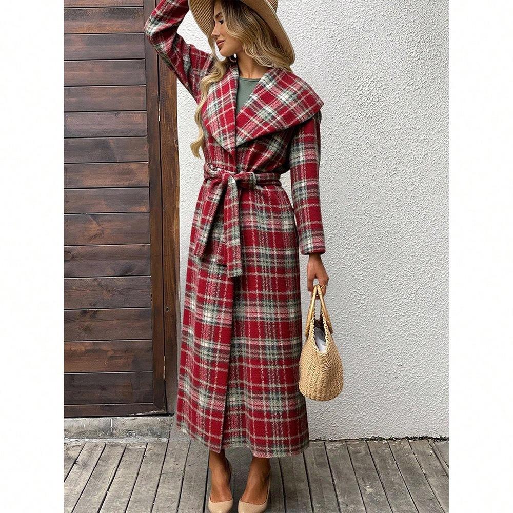 New autumn and winter women's clothing, European and American plaid belt woolen coat