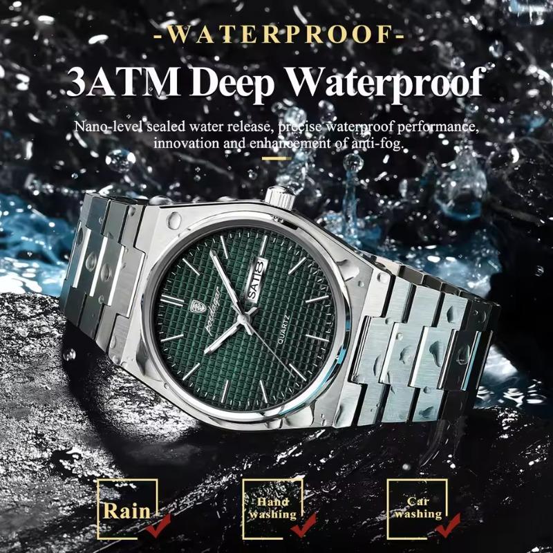 POEDAGAR Luxury Business Men's Quartz Watches Date Week Man Stainless Steel Watch Waterproof Luminous Fashion Wristwatch+Box