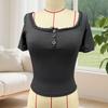 Women Tops Slim Fit Square Neck Rib Knitted Shirt Pure Color Short Sleeve Lace Splicing Stretchy Tops with Buttons Detail Daily Wear