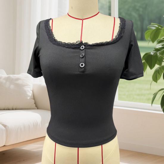 Women Tops Slim Fit Square Neck Rib Knitted Shirt Pure Color Short Sleeve Lace Splicing Stretchy Tops with Buttons Detail Daily Wear
