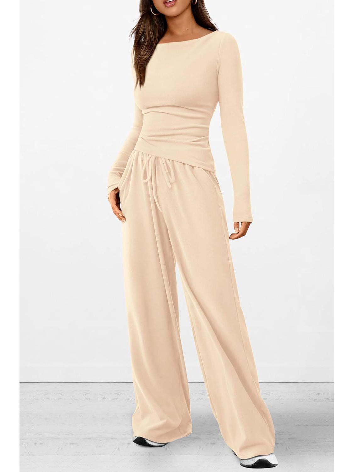 

2026 Autumn Casual Set: Asymmetrical Long Sleeve T-shirt & Wide Leg Pants Extra Large бежевий