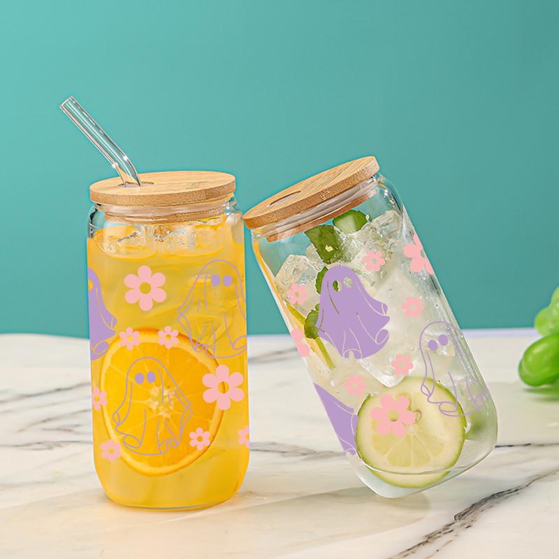 Rosa Blomster/Lilla Spøkelse Trykket Glasskopp Med Bambuslokk&Sugerør Klar Varmebestandig Juice Kaffe Glass Kan Halloween Gaver