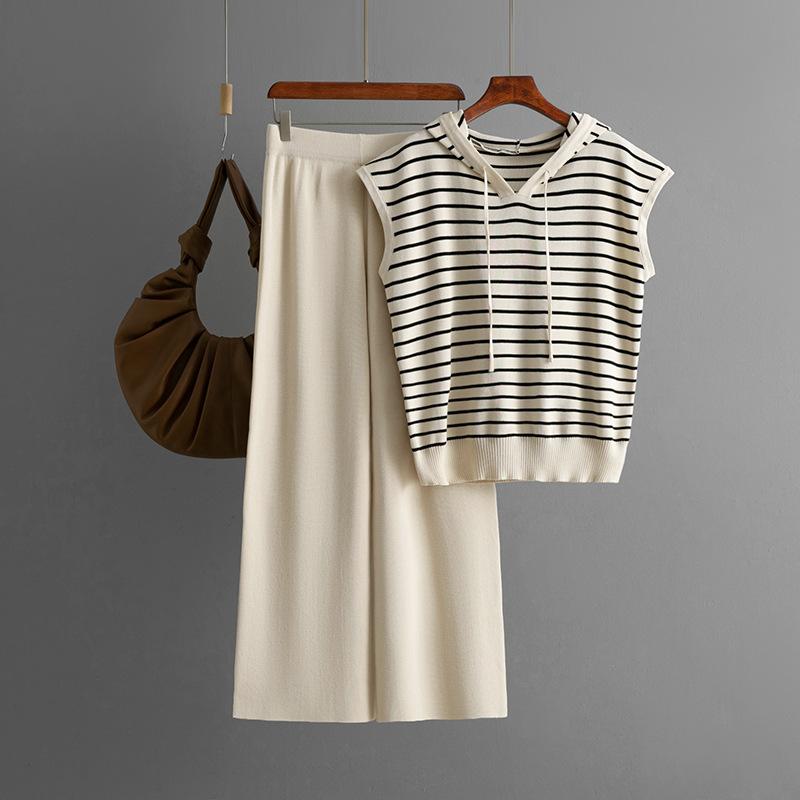 Fashion Set Women's Summer Sleeveless Hooded Striped Knitted Top High Waist Wide Leg Pants Two-piece Set