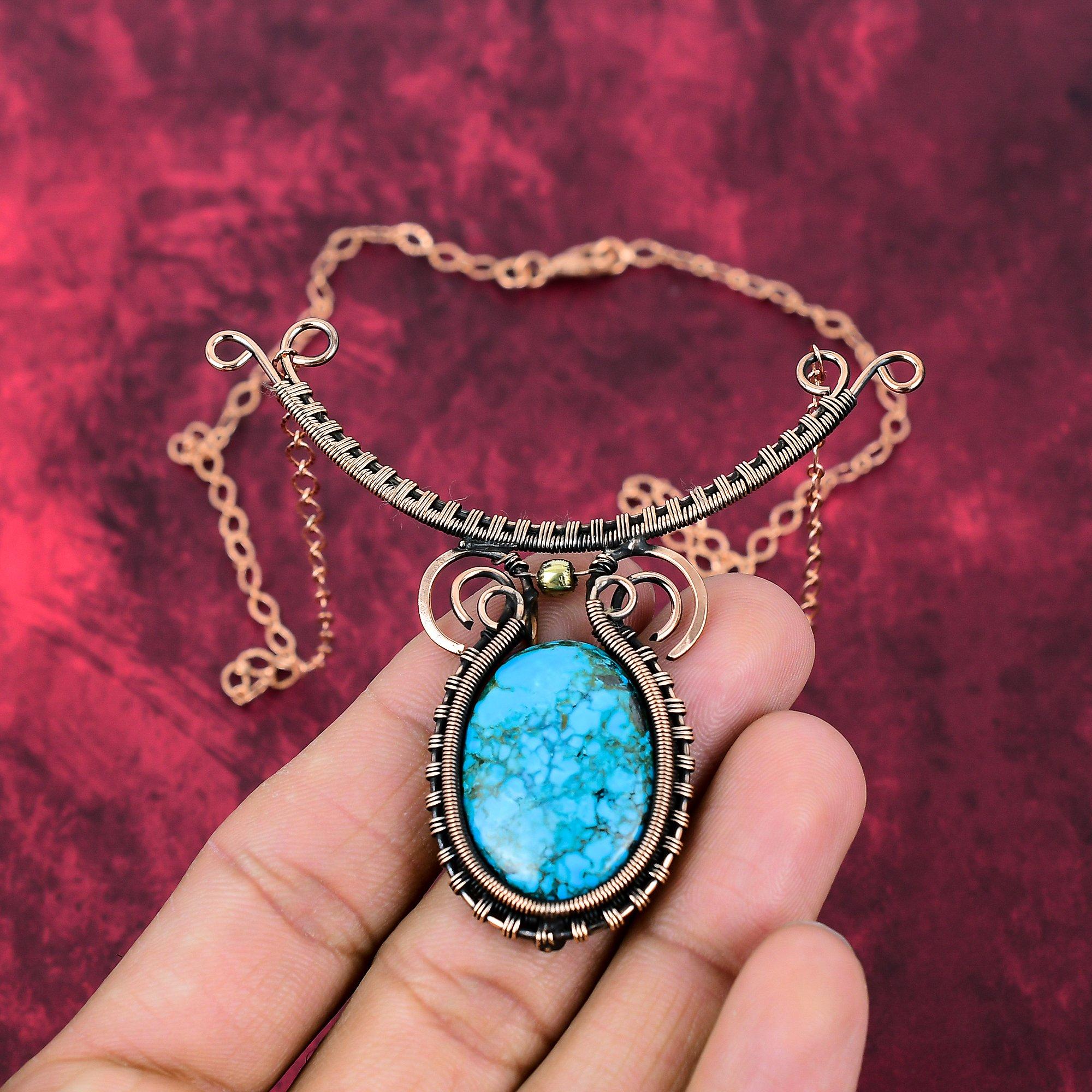 Tibetan Turquoise Necklace Copper Wire Wrapped Necklace Adjustable Chain Necklace Handmade Copper Jewelry Gemstone Necklace Engagement Gifts Adjustable