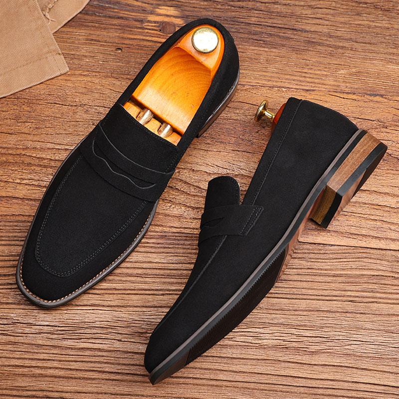 

Luxury Designer New Men s Pointed Toe Suede Leather Flats Shoes Male Wedding Homecoming Penny Loafers Formal Dress Footwear 39 чорний