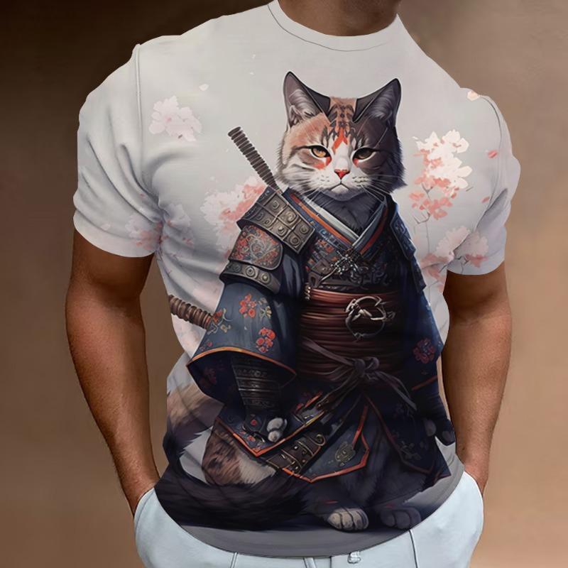 New Retro Men's T-Shirt 3d Samurai Cat Print Short Sleeve T-Shirt For Men Fashion Oversized Man Clothes