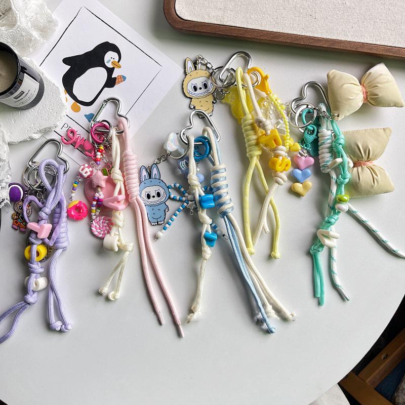 

Y2K Trendy Woven Rope Keychain Lovely Labubus Lanyard Keyring Bag Pendant рожевий