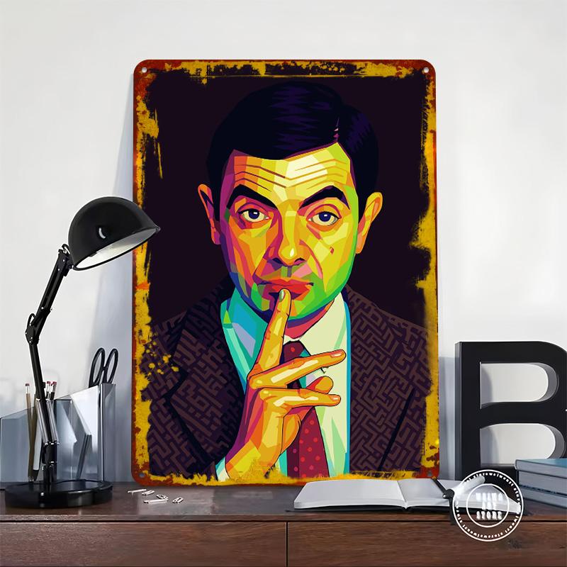 Mr Bean Ritratto Pop Art Targhetta in Latta Poster Arte da Parete Personalizzata Segni Metallici Retro Vintage per Man Cave Decorazione Scrivania Coffee Bar