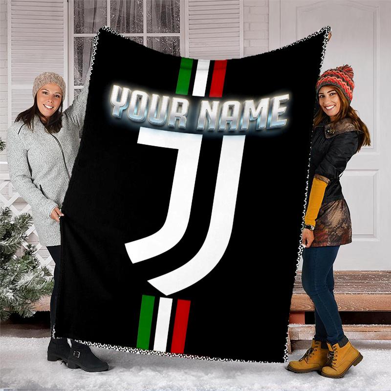 1pc Personalized Name Juventus Theme Blanket - Digital Print, Polyester, Cozy for All Seasons, Perfect for Outdoor, and Travel
