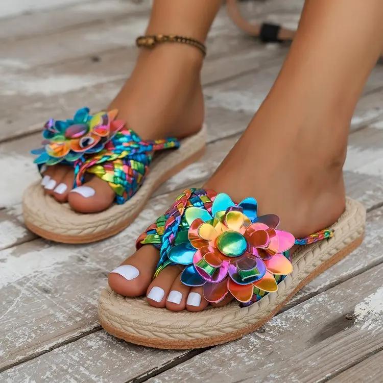 Fashion 2025 Summer Women Slippers Casual Shoes Flat Vacation Holiday Braided Floral Pattern Slippers Toe Post Beach Flip Flops Slides