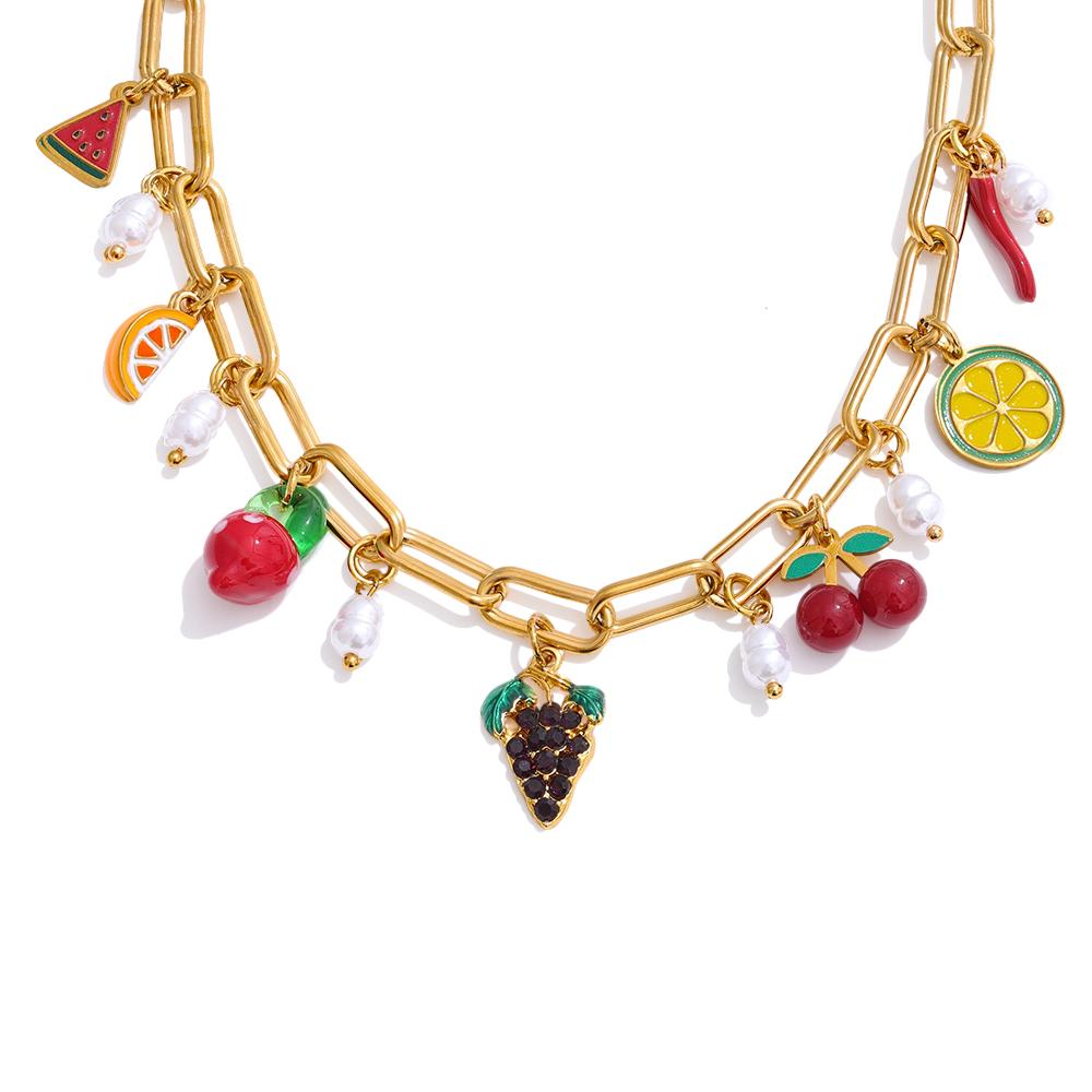 

Yhpup 2025 Enamel Fruits Pendant Drop Necklace New Arrival for Women Stainless Steel Golden Waterproof Charms Handmade Jewelry