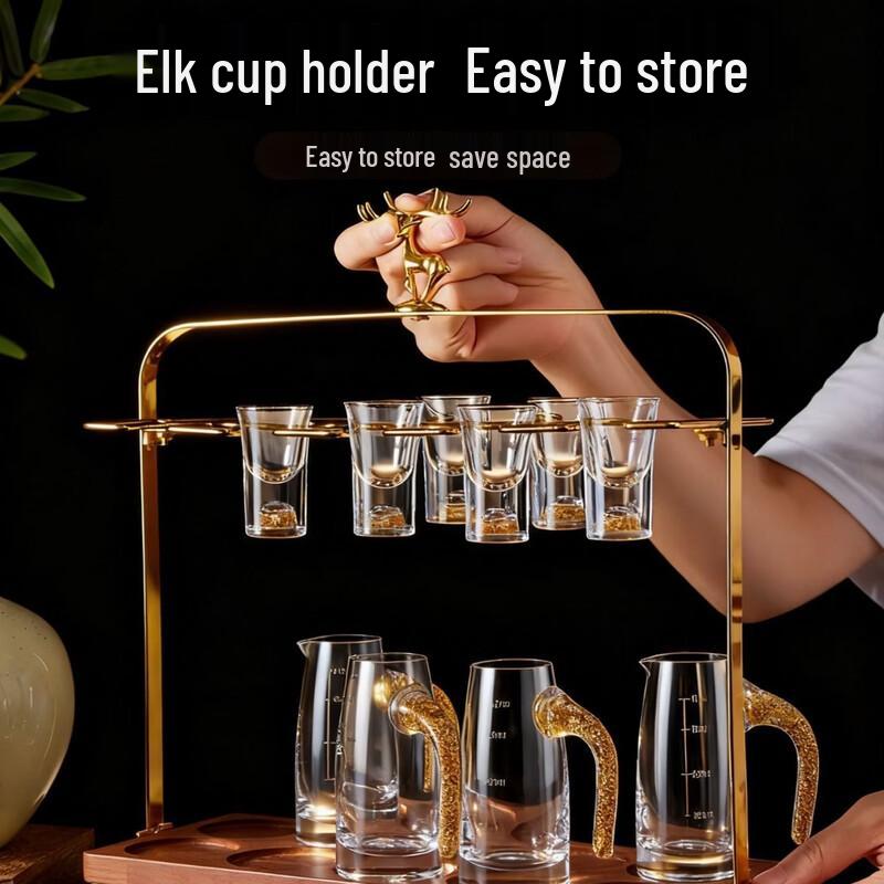Chinese Style Crystal Glass Baijiu Set with Golden Deer Holder