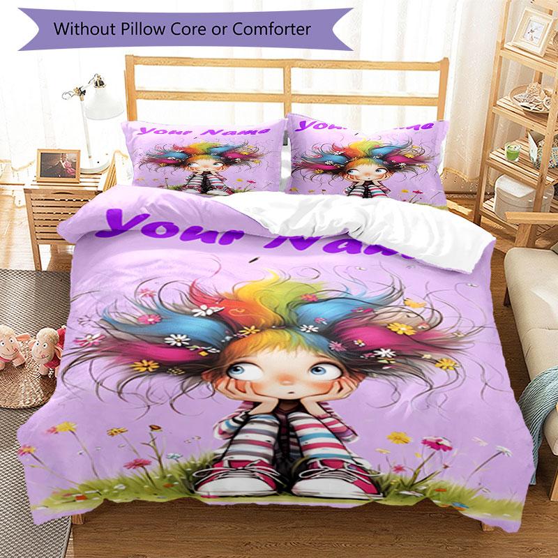 3PC Custom Name Colorful Fantasy World Bedding Set Printed Bedding Set Duvet Cover Closure Includes 1 Duvet Cover & 2 Pillowcases for All Seasons Bedr