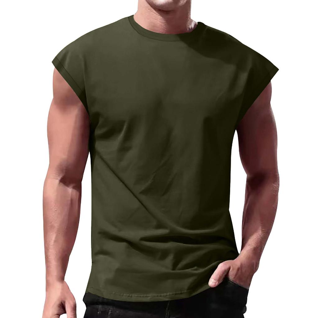 Men's Sleeveless Crew Neck Muscle Fit T Shirt Cotton Fabric Straight Hem Casual Solid Design Top for Daily Wear