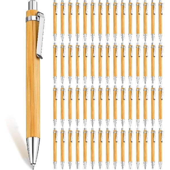 Leelosp 60 Pcs Bamboo Pen Retractable Ballpoint Pen Black Ink 1 mm Sustainable for Writing Office Products Wooden Bamboo Ballpoint for Journal