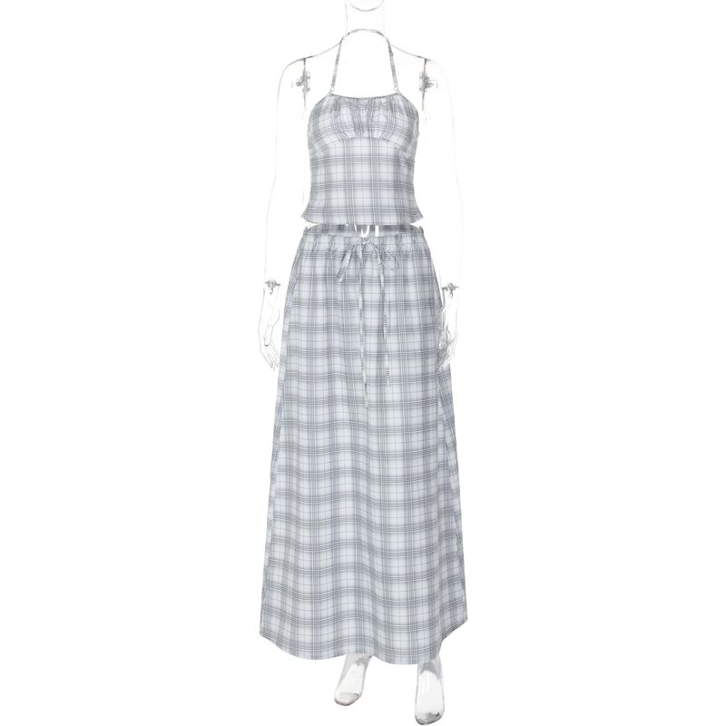 

Shemoda Plaid Printed Fashion Suit Women s Open Back Halterneck Vest Women s Elastic High Waist Silm Skirt Light gray L